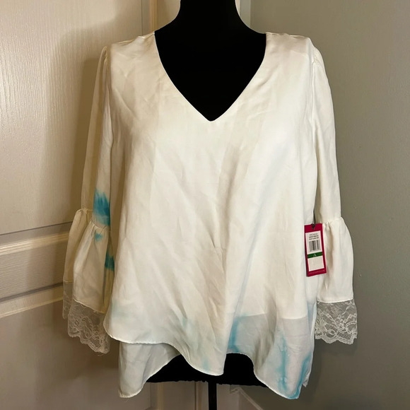 NWT Vince Camuto Garden Romance Teal Splash Lace Sleeve Ivory Tunic Top Womens L - Picture 1 of 8
